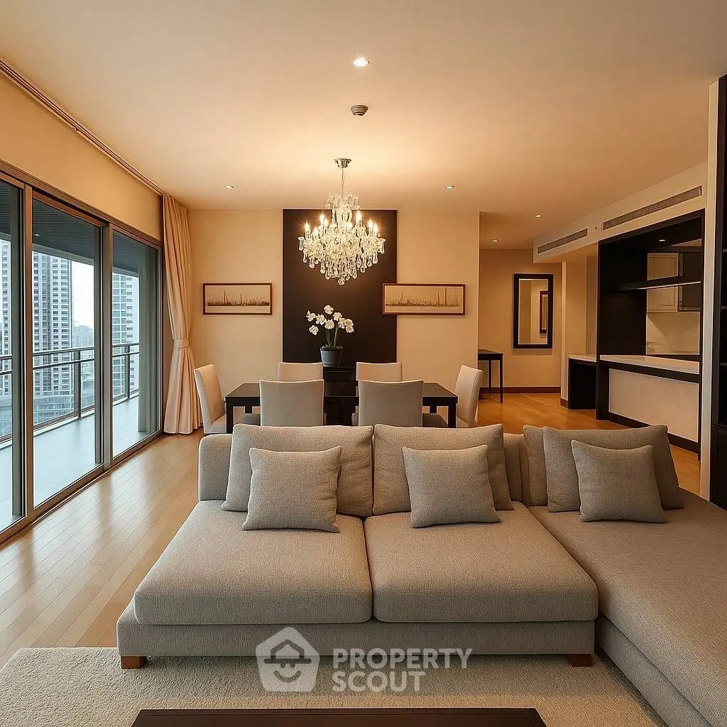 Luxurious living room with elegant chandelier and spacious open layout in modern apartment.
