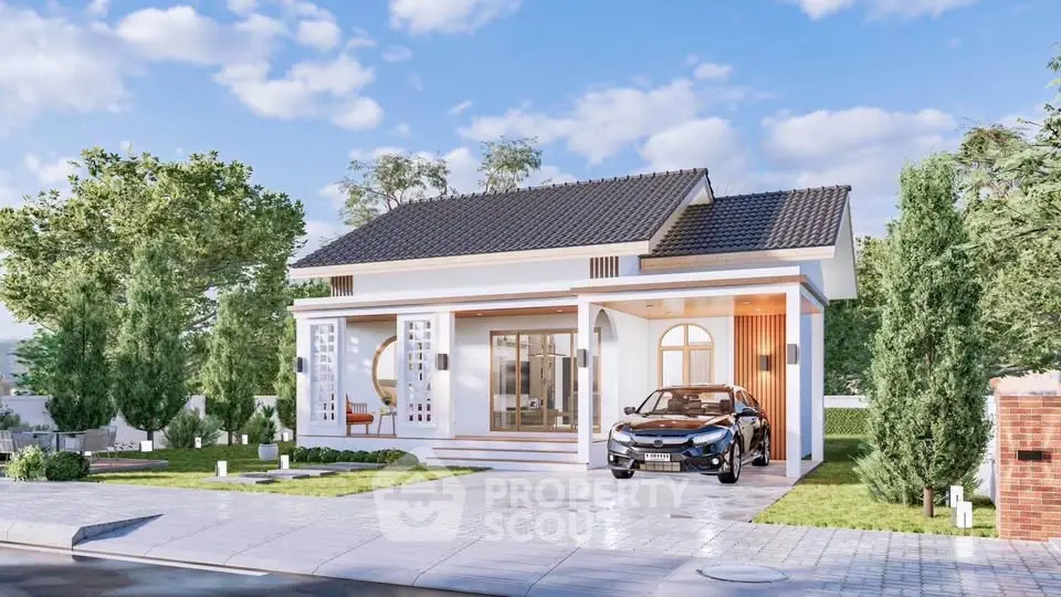 Charming modern house with sleek car in driveway, surrounded by lush greenery and clear blue sky.