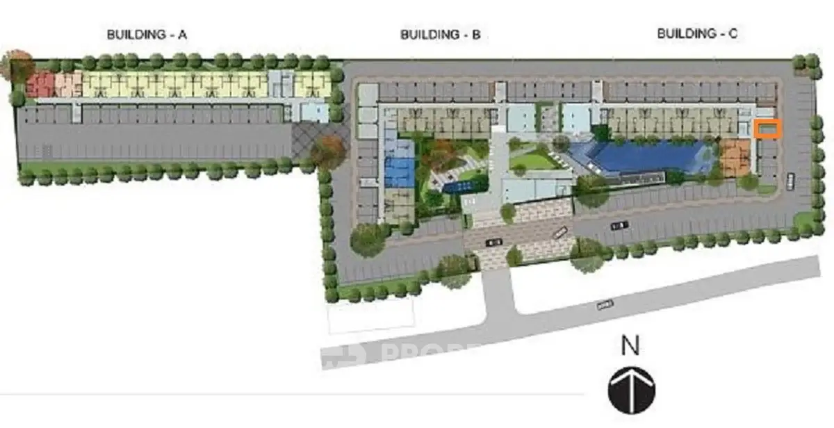 Detailed schematic plan of residential complex with buildings and parking layout.