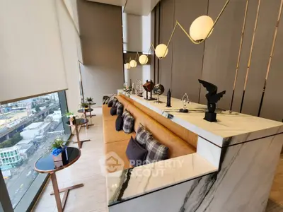 Luxurious modern living room with marble accents and city view