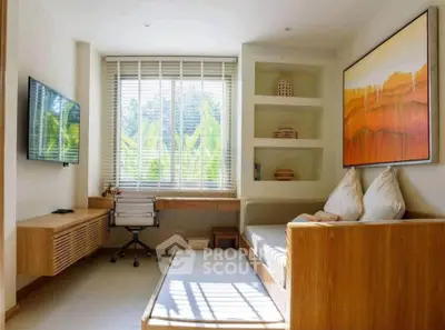 Bright and modern living room with large window and stylish decor