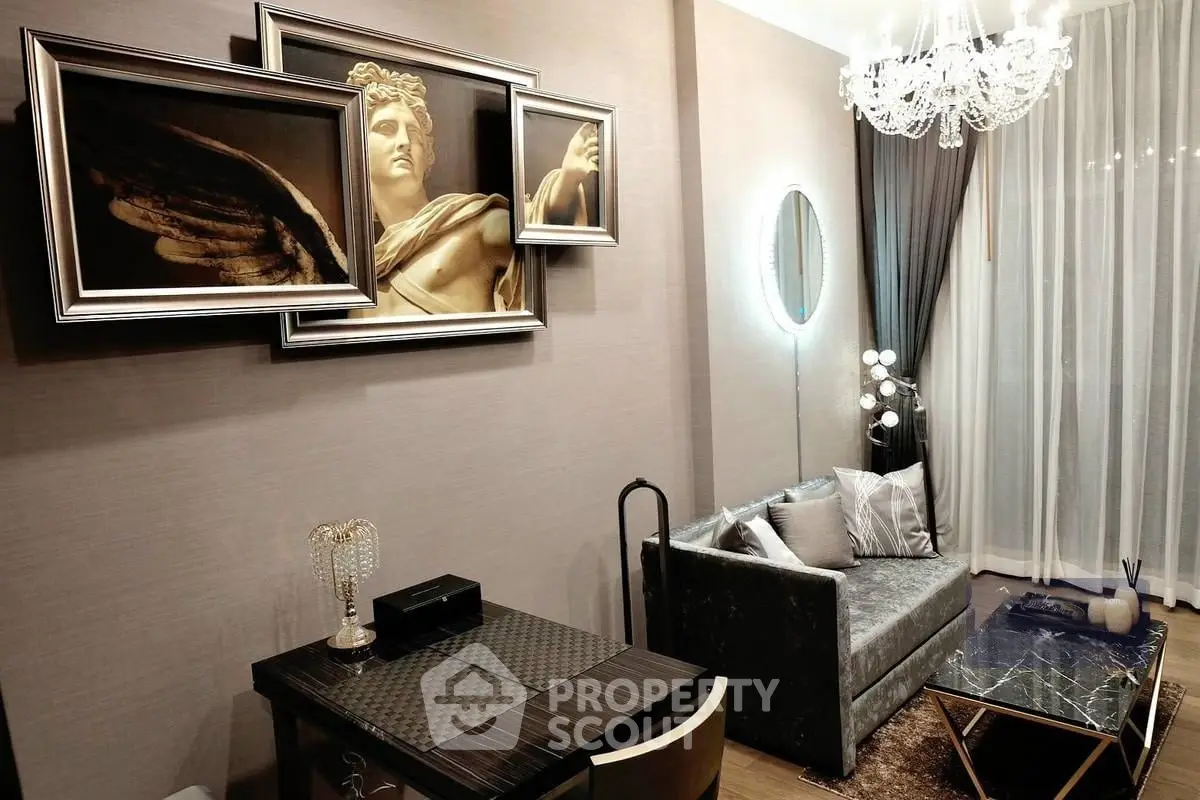 Luxurious living room with elegant decor and modern chandelier