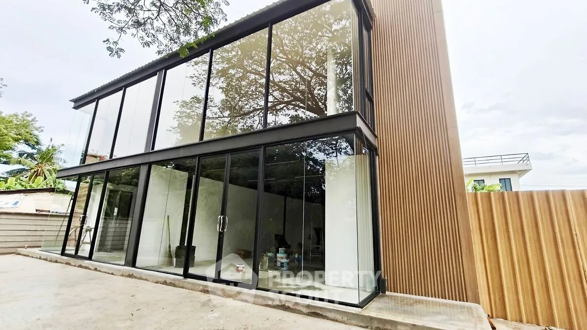 Modern glass-fronted building with sleek design and wooden accents