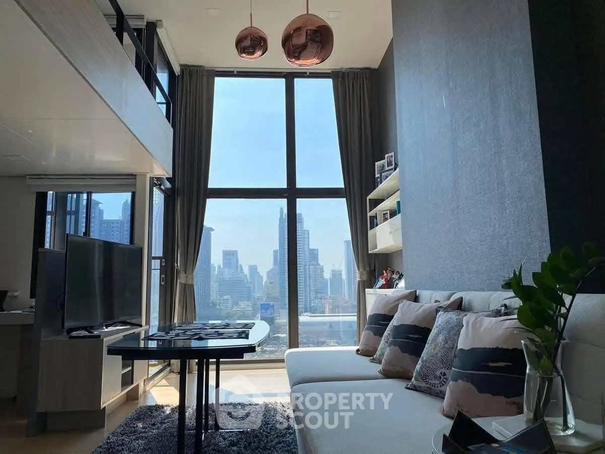 Stunning modern living room with floor-to-ceiling windows and city skyline view, featuring chic decor and high ceilings.