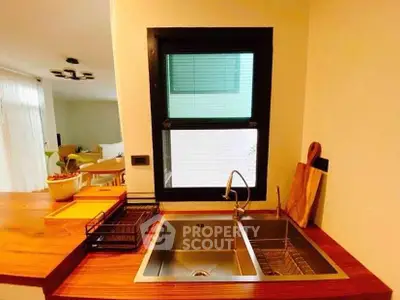 Modern kitchen with sleek sink and wooden countertop, open layout to cozy living room.