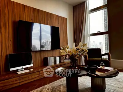 Luxurious living room with modern decor and city view, featuring elegant furniture and stylish wooden accents.