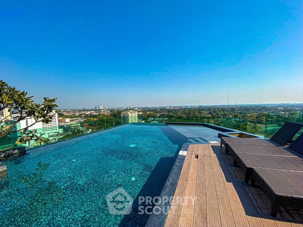 Stunning rooftop pool with panoramic city views and luxurious sun loungers.