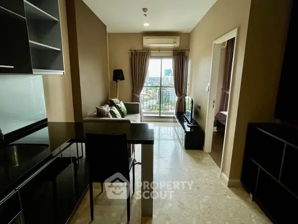 Modern apartment interior with open layout and balcony view