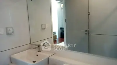 Modern bathroom with sleek sink and large mirror in a contemporary home.