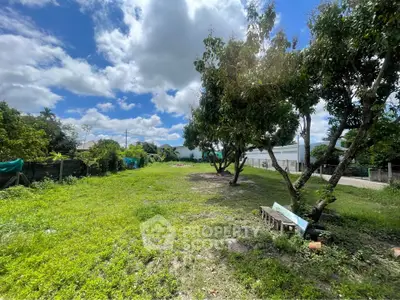 Spacious green land plot with trees under a clear blue sky, ideal for development.