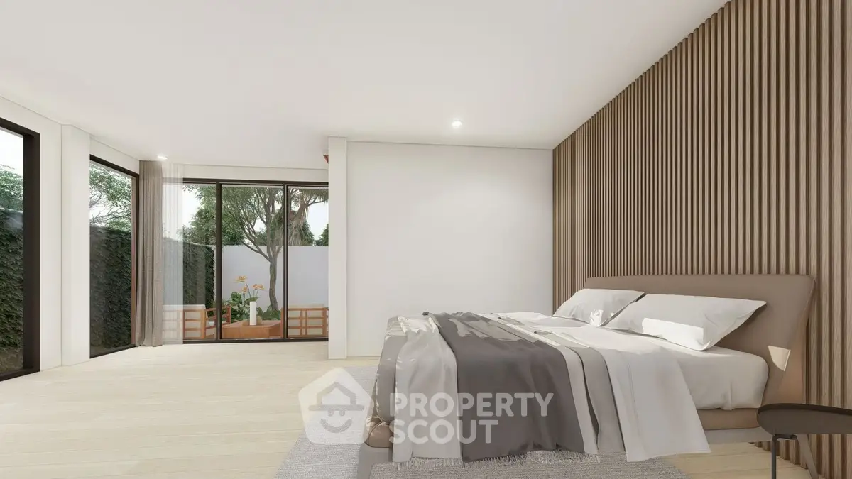 Spacious modern bedroom with large windows and elegant wood paneling