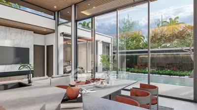 Luxurious modern living room with pool view and elegant decor