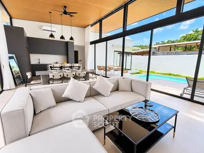 Luxurious modern living room with pool view and open kitchen layout
