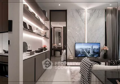 Luxurious modern living room with sleek design and marble accents