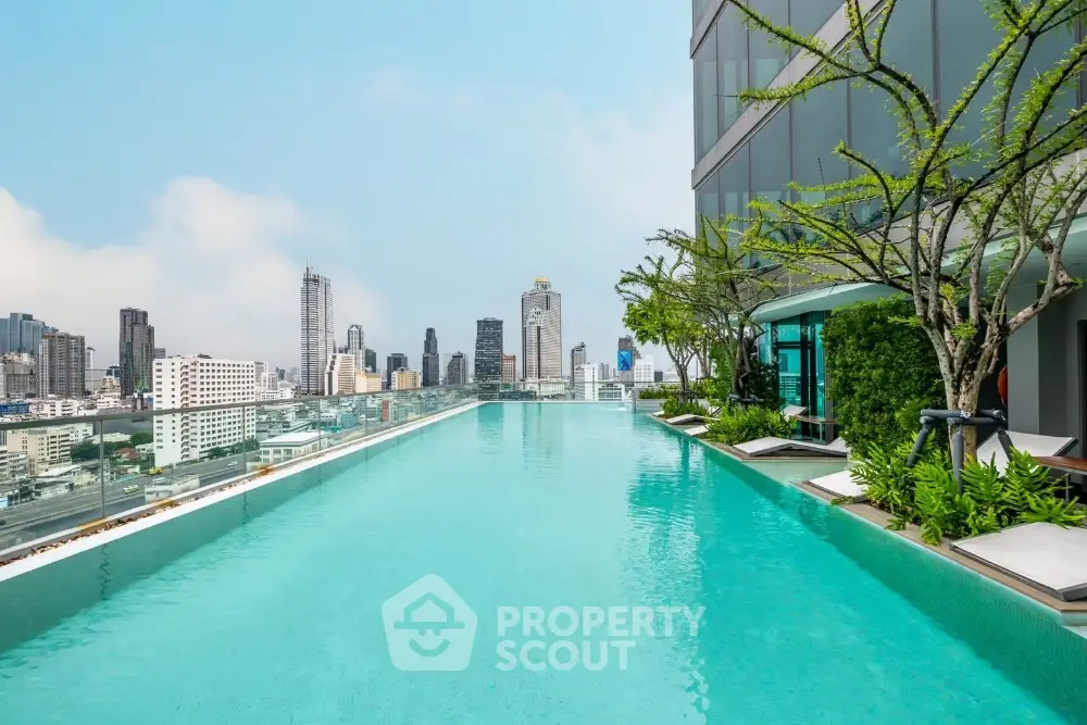 Luxurious rooftop pool with stunning city skyline view in modern urban setting.