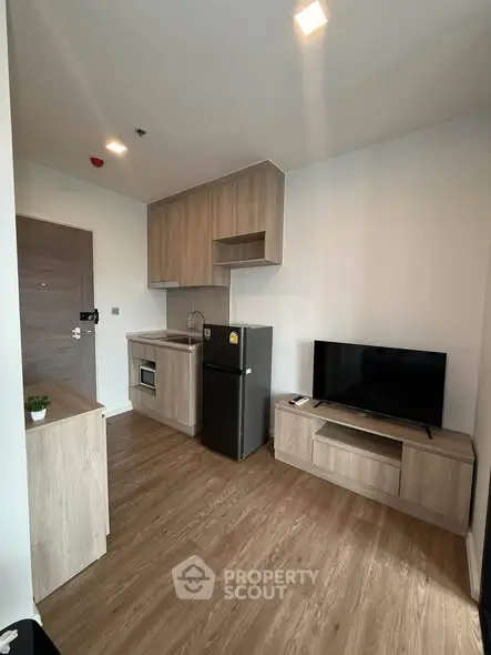 Modern compact living room with kitchenette, featuring sleek wooden cabinetry and contemporary appliances.