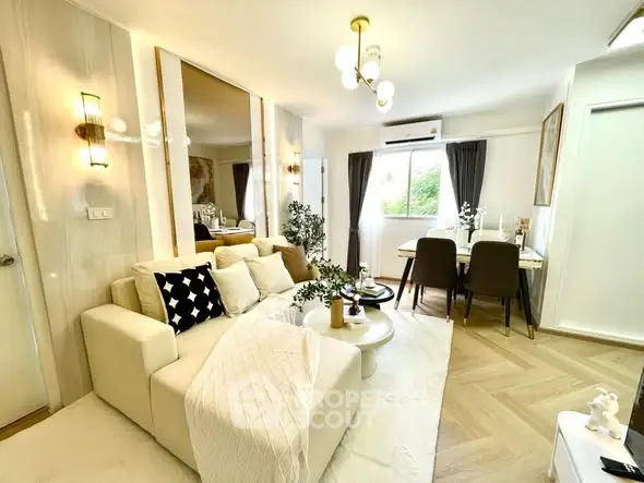 Bright and modern living room with elegant dining area and cozy decor