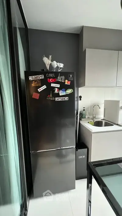 Modern kitchen with sleek black fridge and compact design, perfect for urban living.
