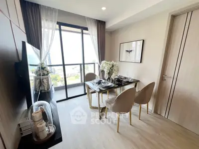 Elegantly furnished apartment with a spacious dining area, modern decor, and abundant natural light streaming through large balcony doors, offering a serene urban retreat.