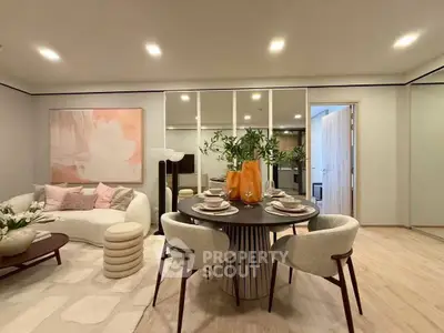 Modern living room with elegant dining area and stylish decor