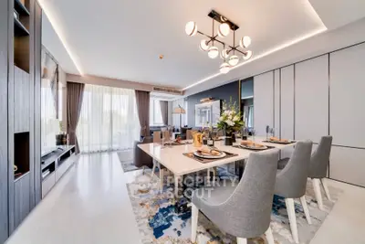 Luxurious modern dining room with elegant decor and large windows for natural light.