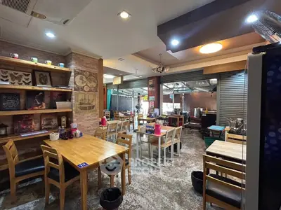 Charming cafe-style dining area with wooden tables and cozy decor.