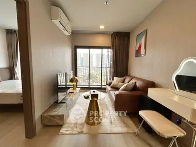 Modern living room with stylish decor and city view from balcony