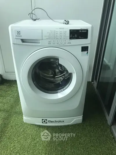 Modern Electrolux washing machine on green carpeted balcony area.