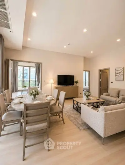 Spacious modern living room with elegant dining area and stylish decor