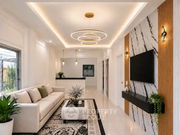 Luxurious modern living room with elegant lighting and stylish decor