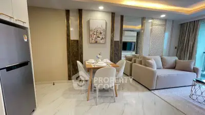 Modern living room with elegant dining area and cozy sofa in a stylish apartment.