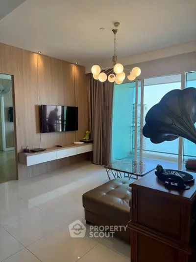 Stylish living room with modern decor and stunning balcony view