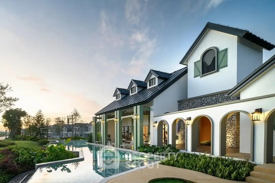 Luxurious villa with elegant architecture and stunning poolside view