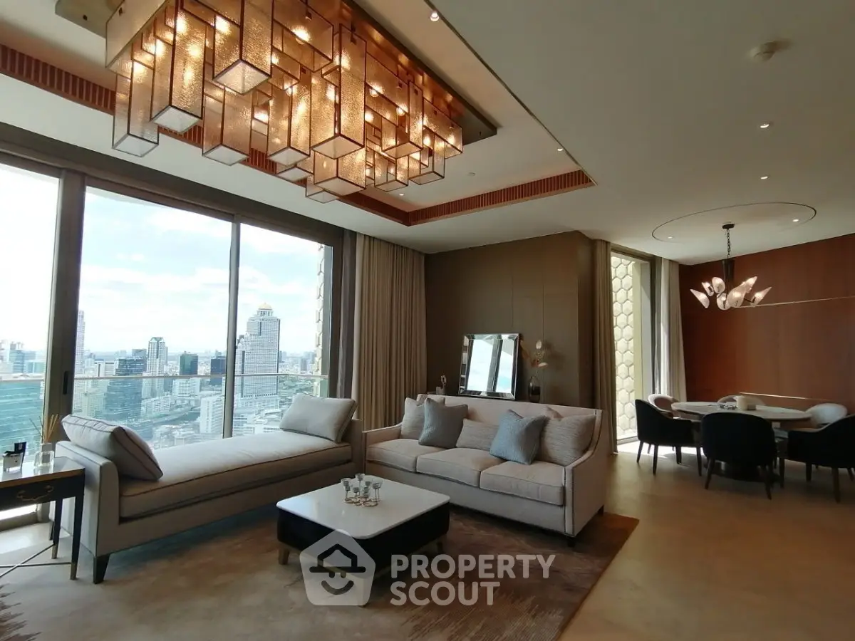 Luxurious living room with stunning city view and elegant chandelier