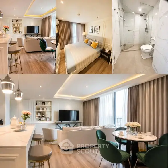 Luxurious modern apartment with open kitchen, spacious living room, elegant bedroom, and sleek bathroom design.