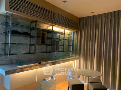 Modern interior with stylish shelving and ambient lighting, perfect for contemporary living spaces.