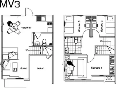 Detailed floor plan of a modern two-story house with three bedrooms and open living area.