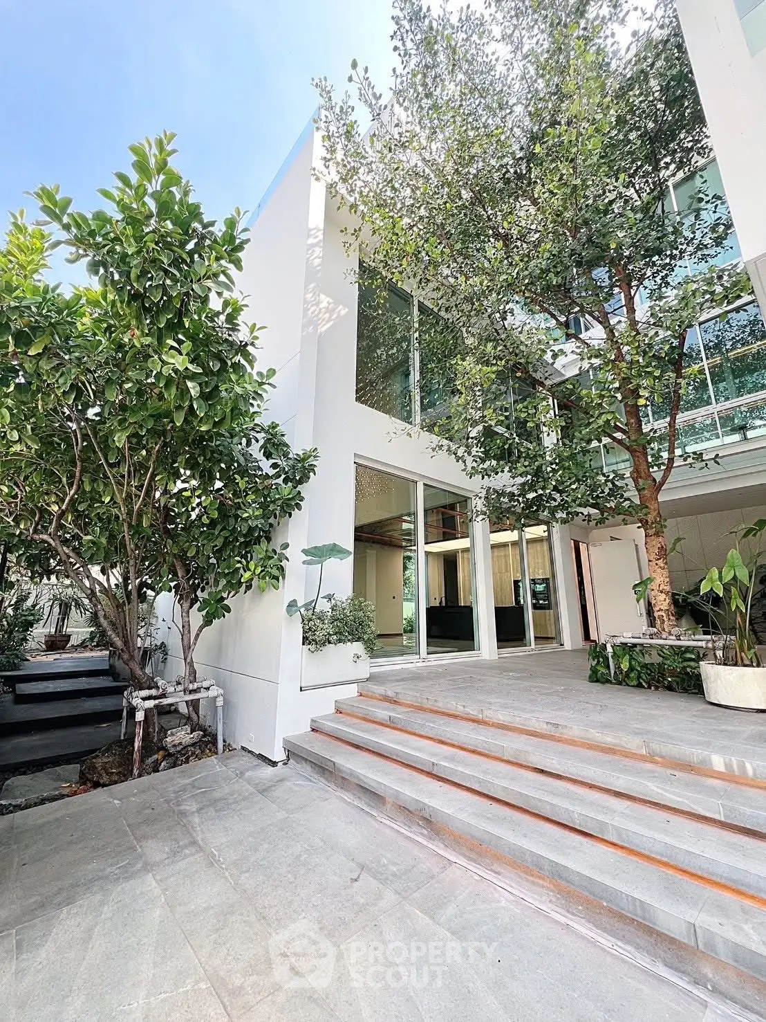 Modern architectural home with lush greenery and spacious entrance