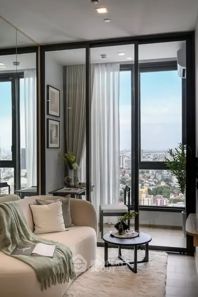 Modern living room with stunning city view and elegant decor