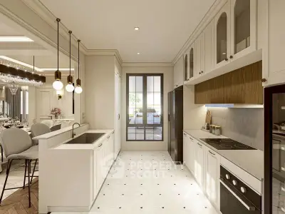 Luxurious kitchen with modern appliances and elegant dining area, featuring open layout and stylish lighting.