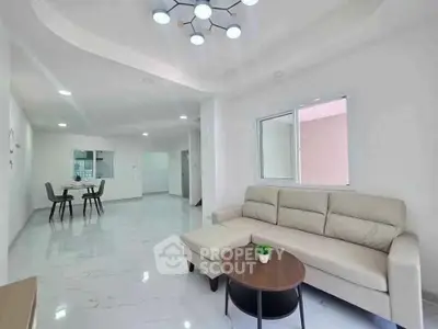 Spacious modern living room with elegant lighting and comfortable seating