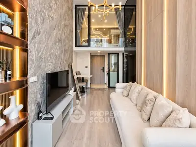 Luxurious modern living room with high ceilings and elegant decor
