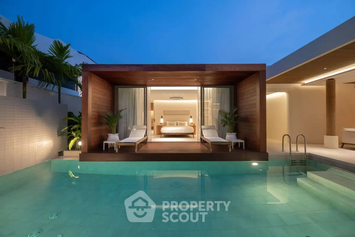 Luxurious modern villa with private pool and elegant bedroom view