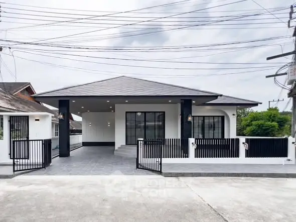 Modern single-story house with sleek design and spacious driveway.