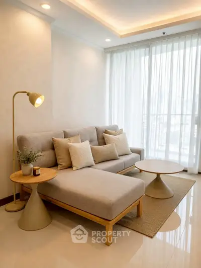 Modern living room with elegant furniture and natural light, featuring a cozy sofa and stylish coffee table.
