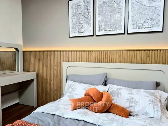 Stylish bedroom with modern decor and cozy bedding