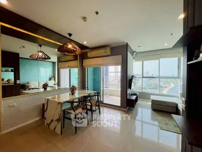 Modern open-plan living room with city view and stylish decor