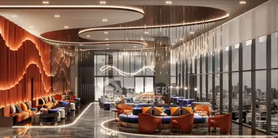 Luxurious modern living room with panoramic city views and stylish decor