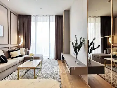 Luxurious modern living room with elegant decor and large windows