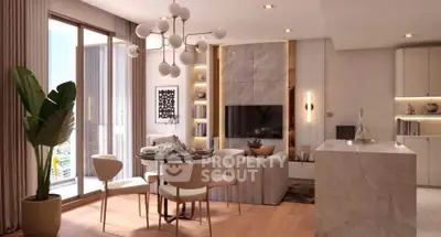 Luxurious modern living room with elegant dining area and large windows offering city views.